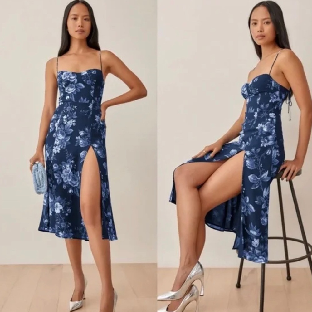 Juliette High Slit Midi Sun Dress In Lottie Navy Blue Floral Size 10